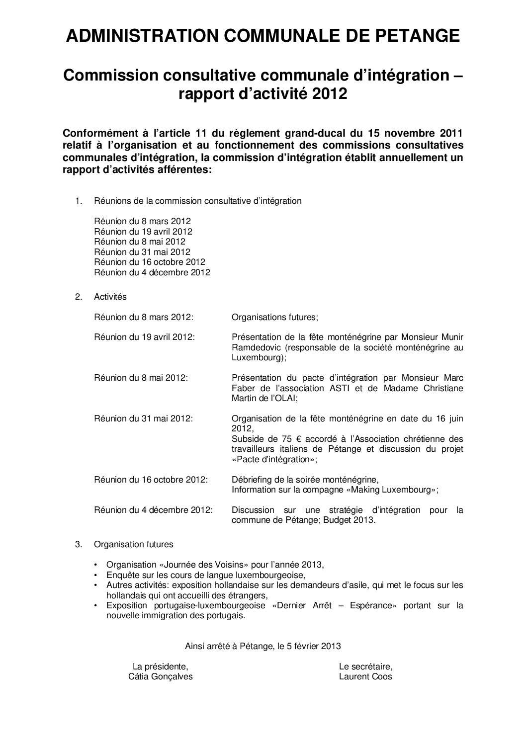 Commission d'intégration de la commune de Pétange - Rapport annuel 2012