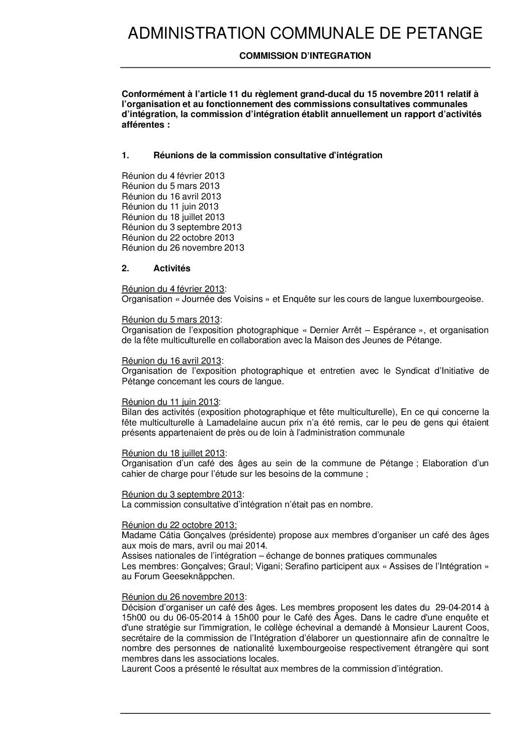 Commission d'intégration de la commune de Pétange - Rapport annuel 2013