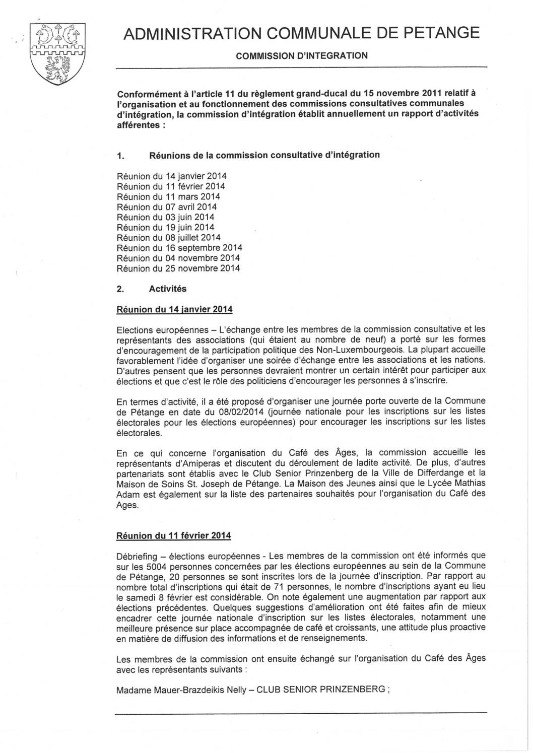 Commission d'intégration de la commune de Pétange - Rapport annuel 2014