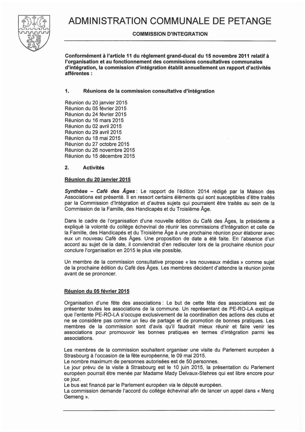 Commission d'intégration de la commune de Pétange - Rapport annuel 2015