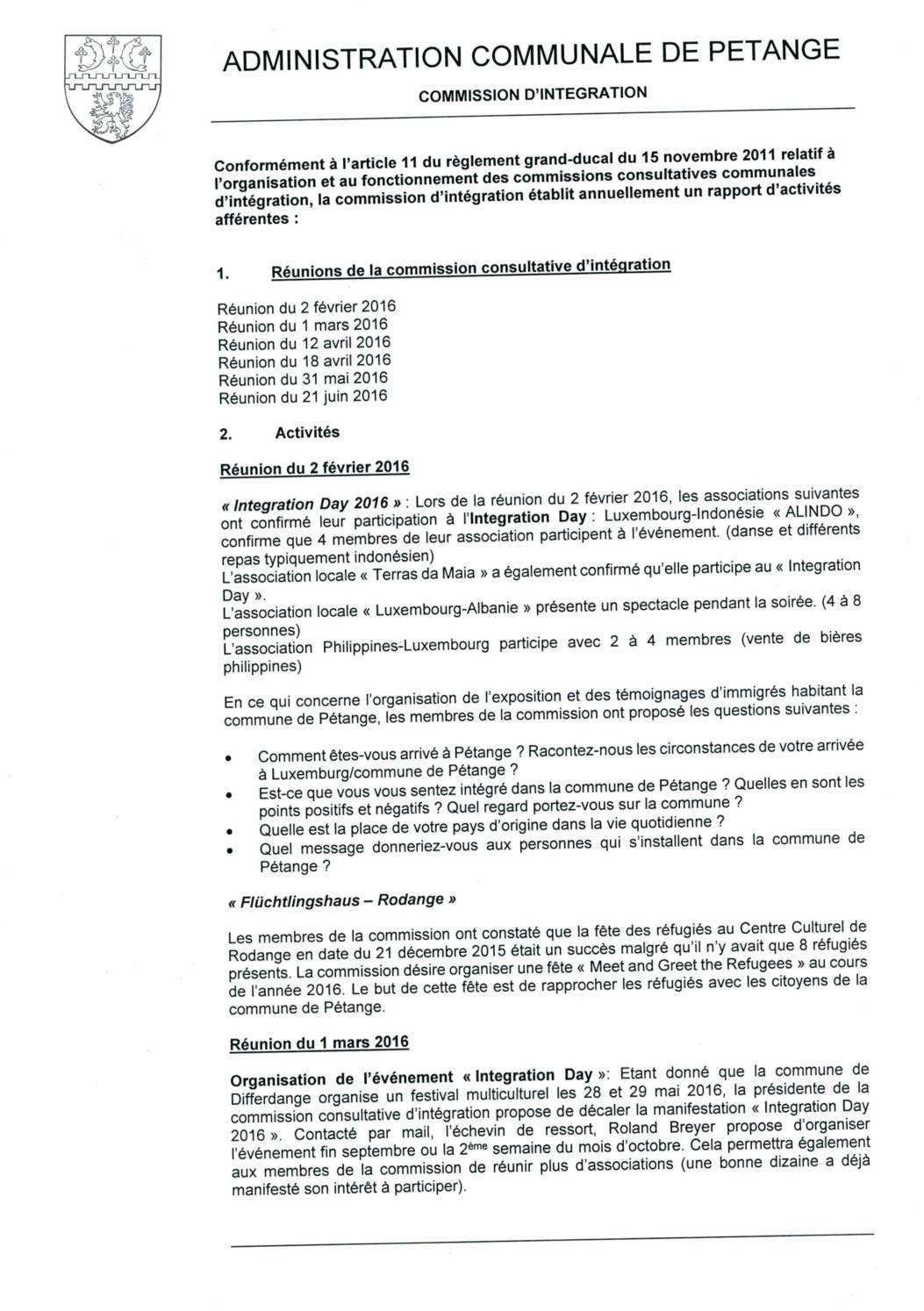 Commission d'intégration de la commune de Pétange - Rapport annuel 2016