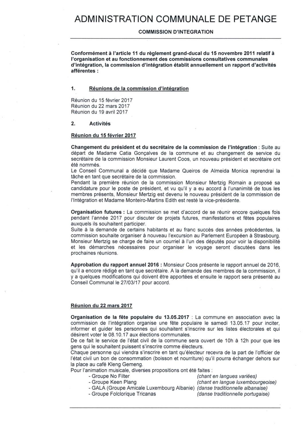 Commission d'intégration de la commune de Pétange - Rapport annuel 2017