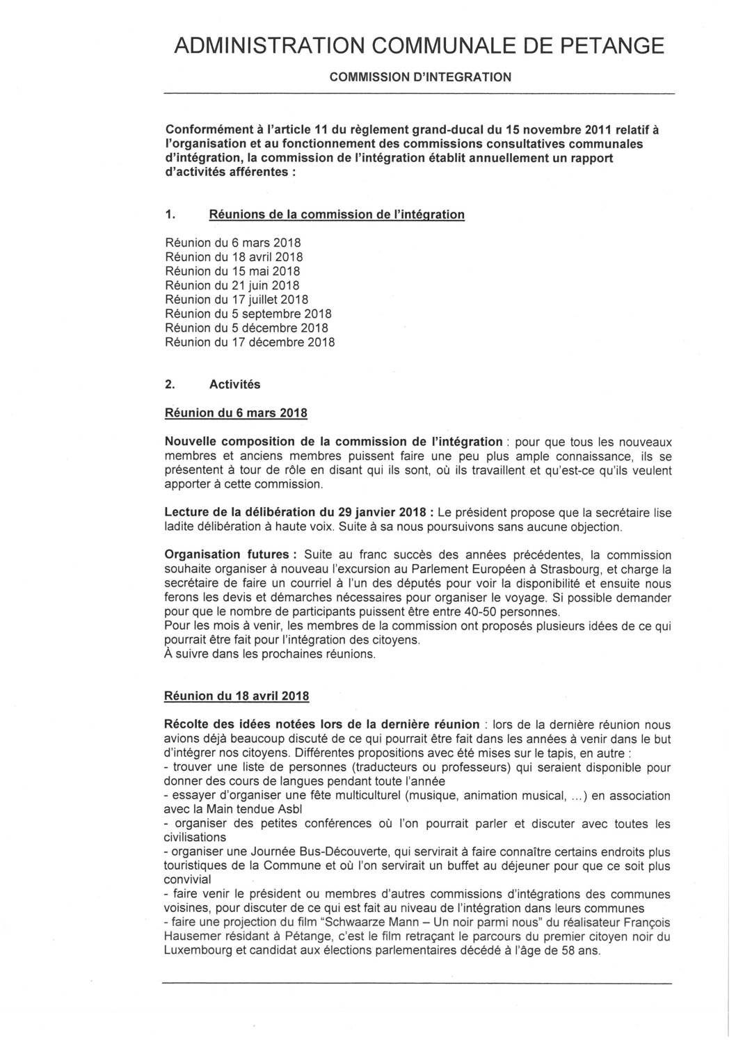 Commission d'intégration de la commune de Pétange - Rapport annuel 2018