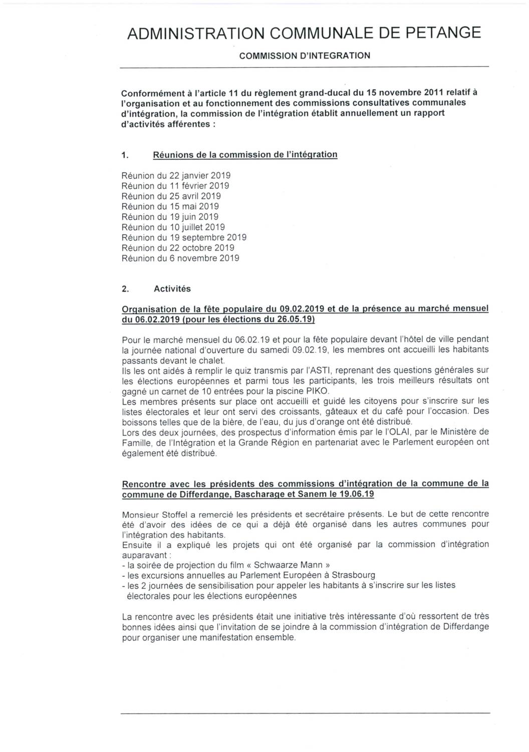 Commission d'intégration de la commune de Pétange - Rapport annuel 2019