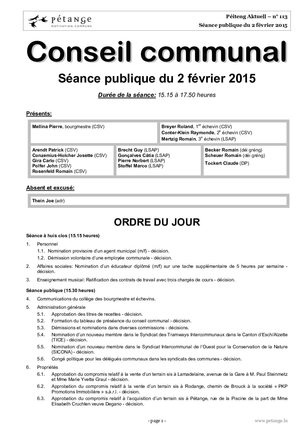 Rapport des séances du conseil communal du 02.02.2015 et 02.03.2015