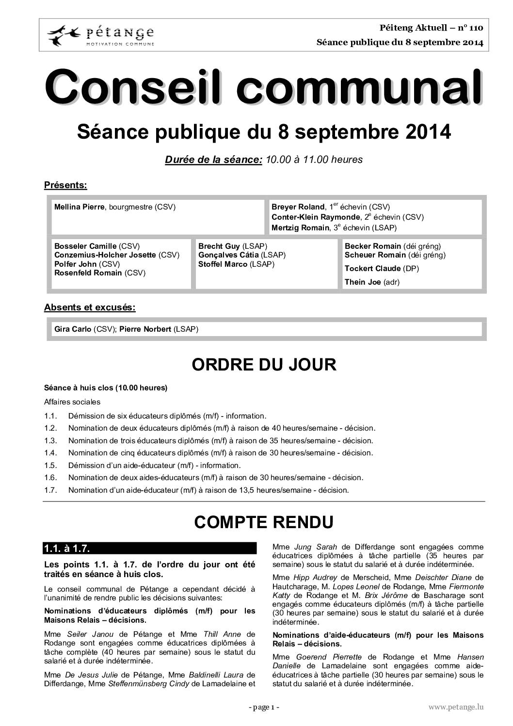 Rapport des séances du conseil communal du 08.09.2014, 08.09.2014 et 13.10.2014