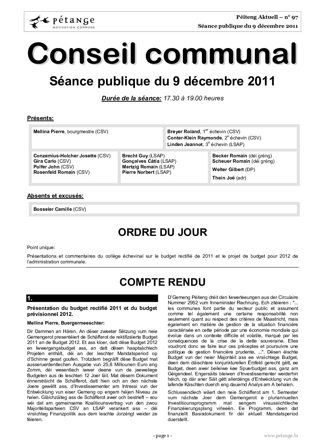 Rapport des séances du conseil communal du 09.12.2011, 12.12.2011 et 16.12.2011