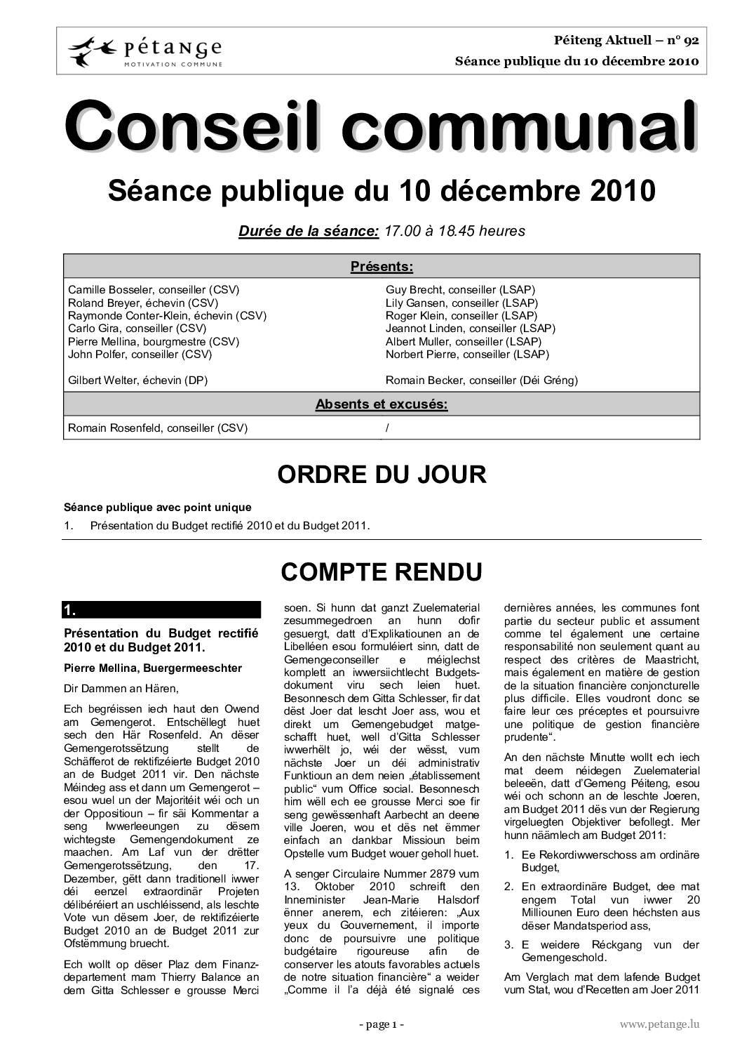 Rapport des séances du conseil communal du 10.12.2010, 13.12.2010 et 17.12.2010