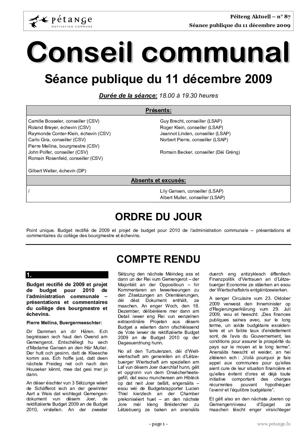 Rapport des séances du conseil communal du 11.12.2009, 14.12.2009 et 18.12.2009