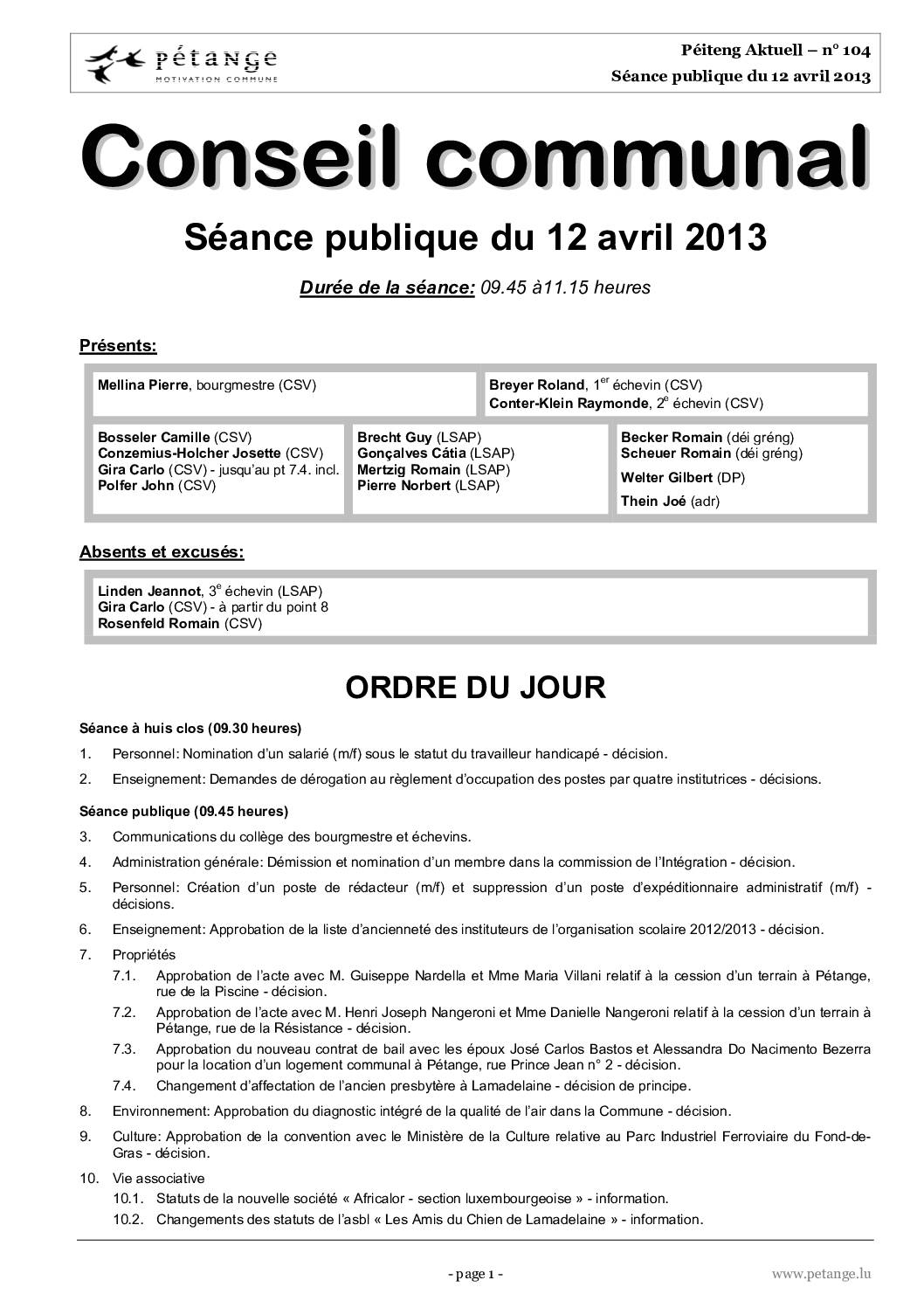 Rapport des séances du conseil communal du 12.04.2013 et 13.05.2013