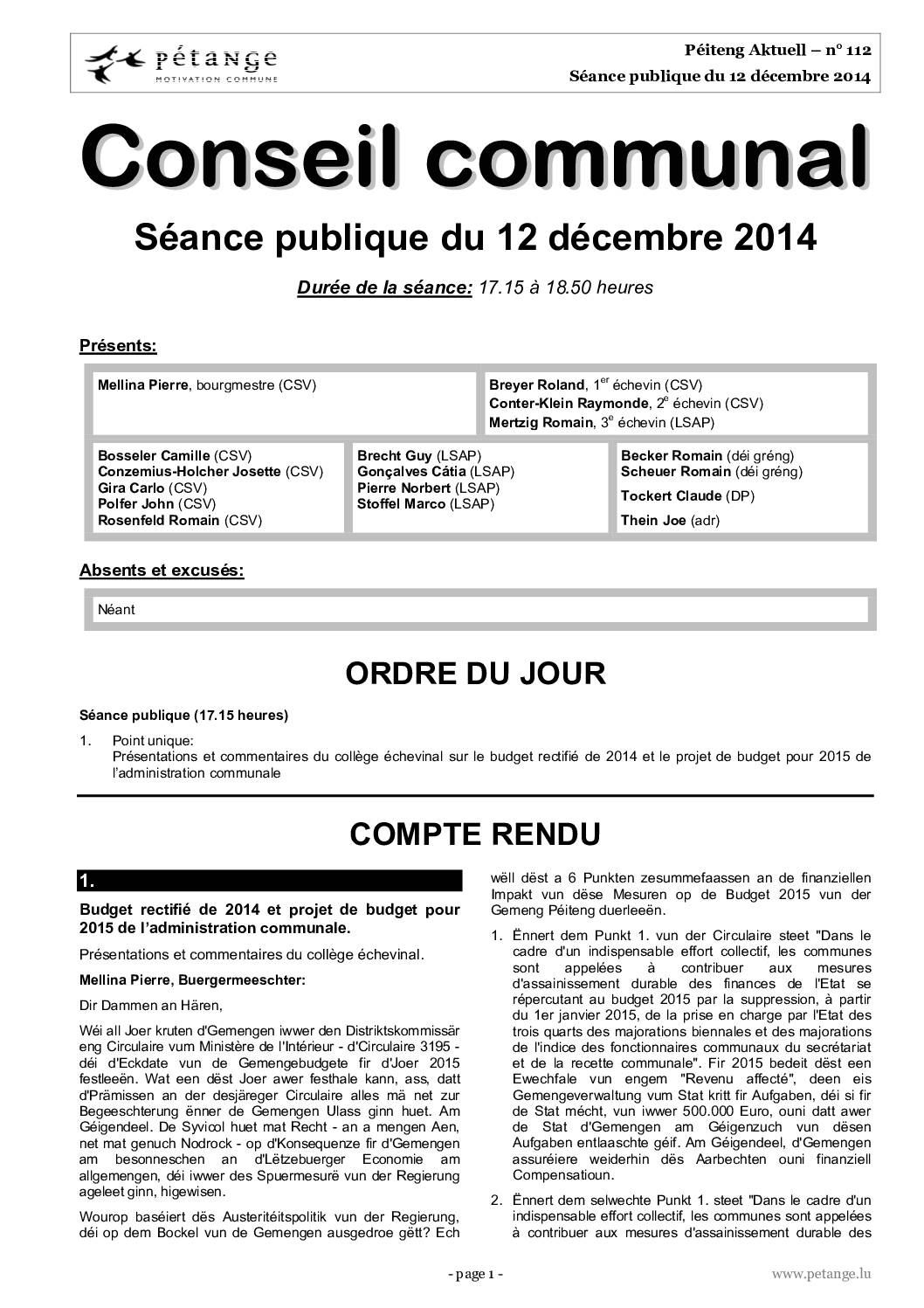 Rapport des séances du conseil communal du 12.12.2014, 15.12.2014 et 19.12.2014
