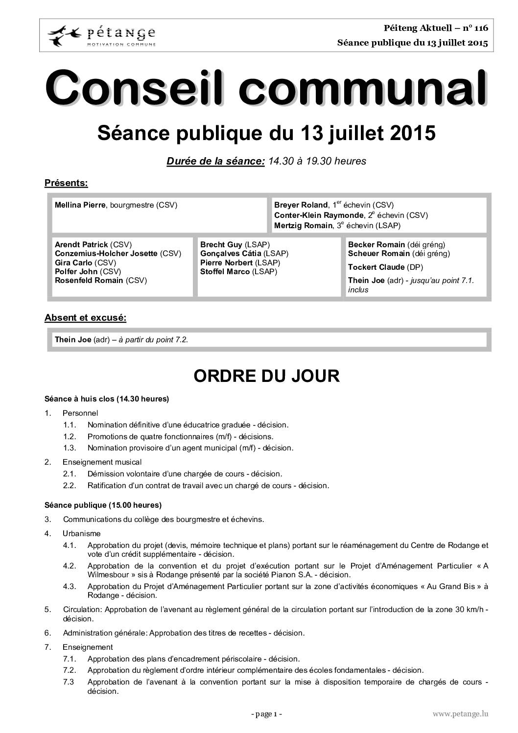 Rapport des séances du conseil communal du 13.07.2015 et 21.09.2015