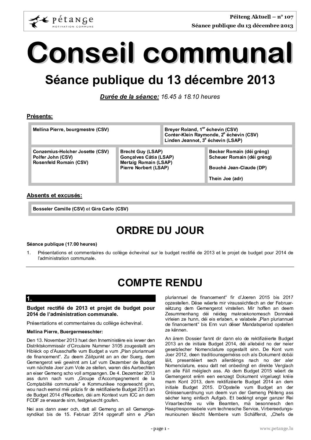 Rapport des séances du conseil communal du 13.12.2013, 16.12.2013 et 20.12.2013