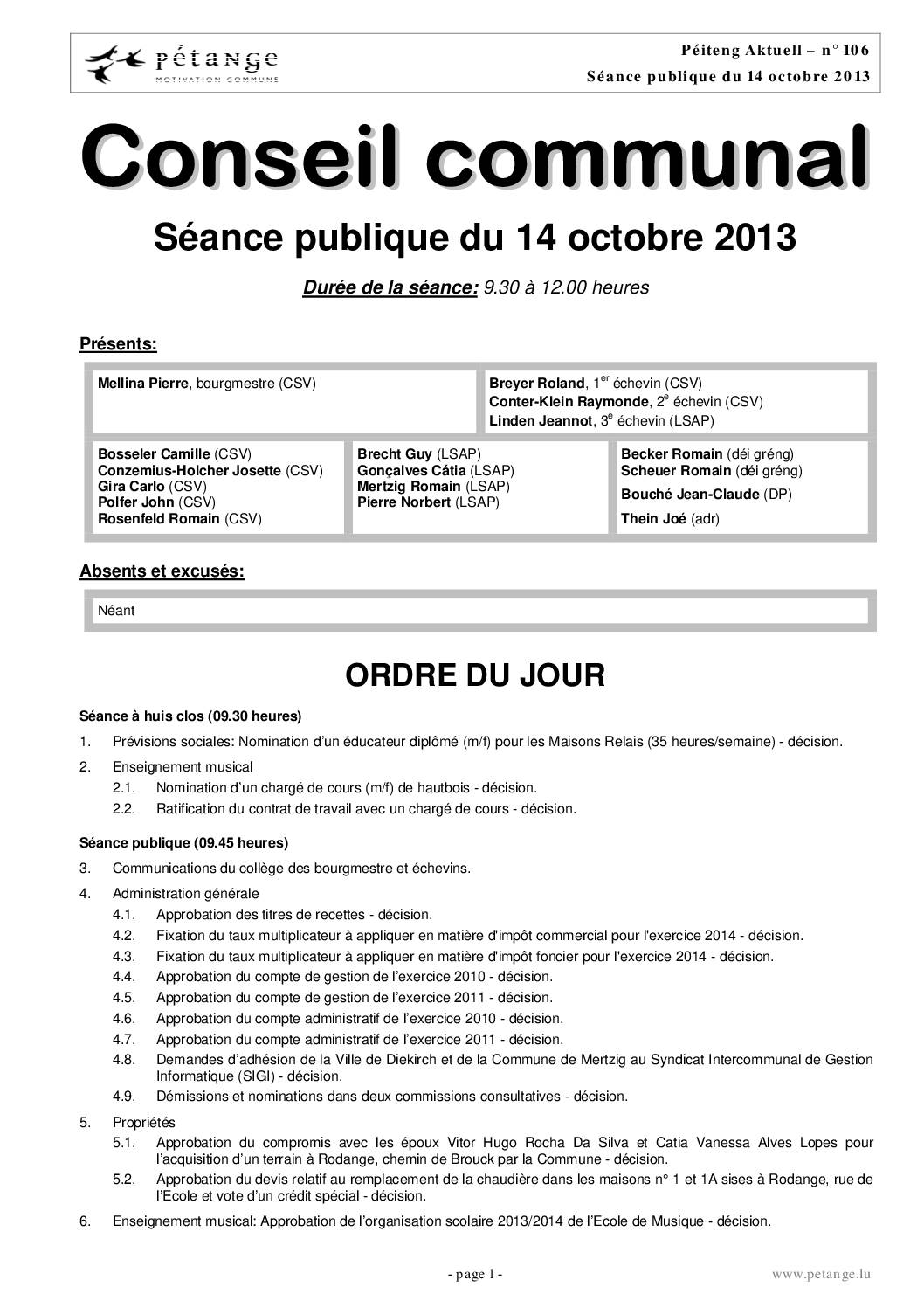 Rapport des séances du conseil communal du 14.10.2013 et 11.11.2013