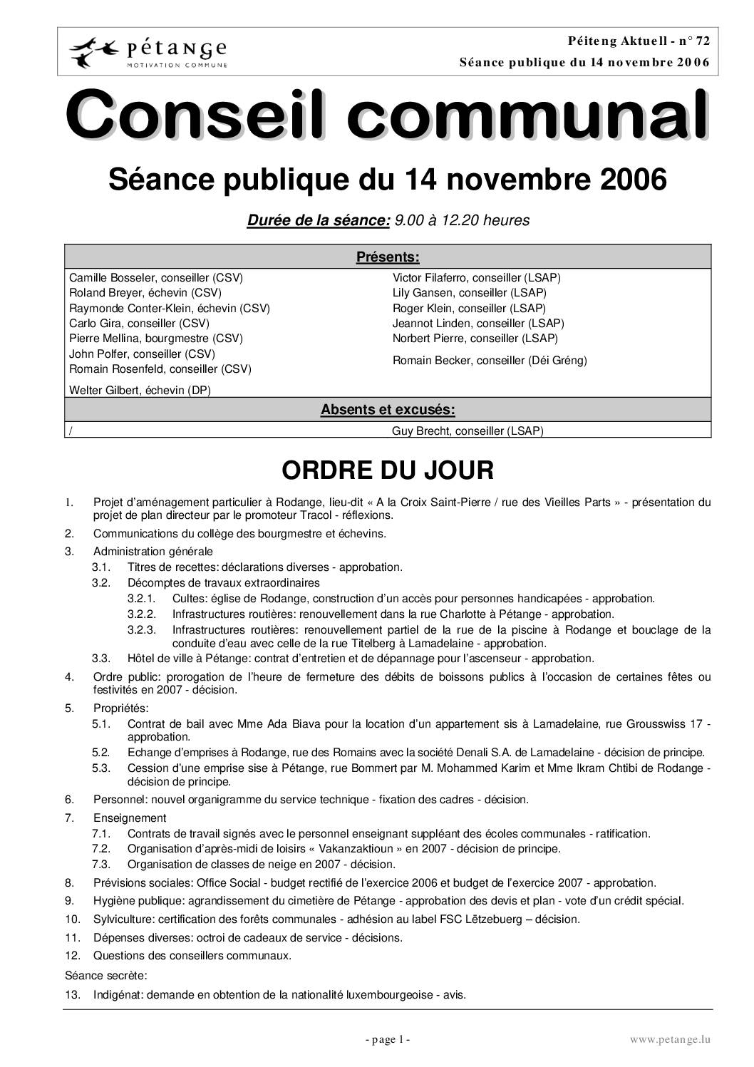 Rapport des séances du conseil communal du 14.11.2006, 11.12.2006 et 15.12.2006