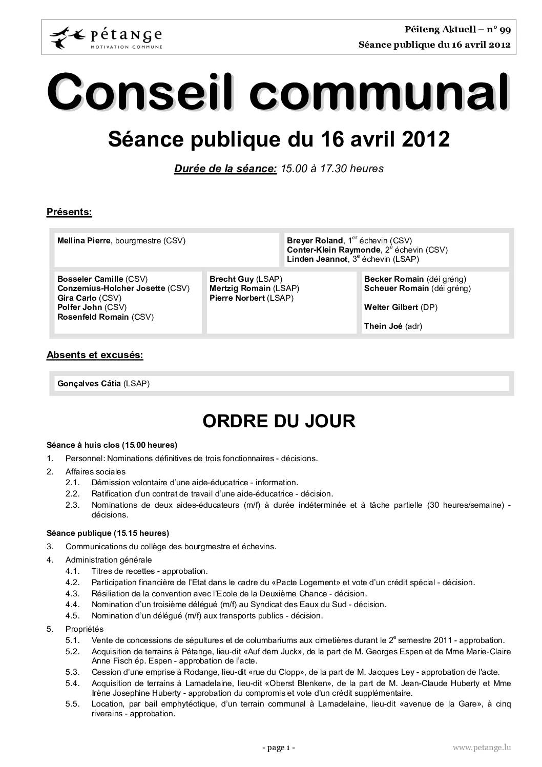 Rapport des séances du conseil communal du 16.04.2012, 21.05.2012 et 18.06.2012