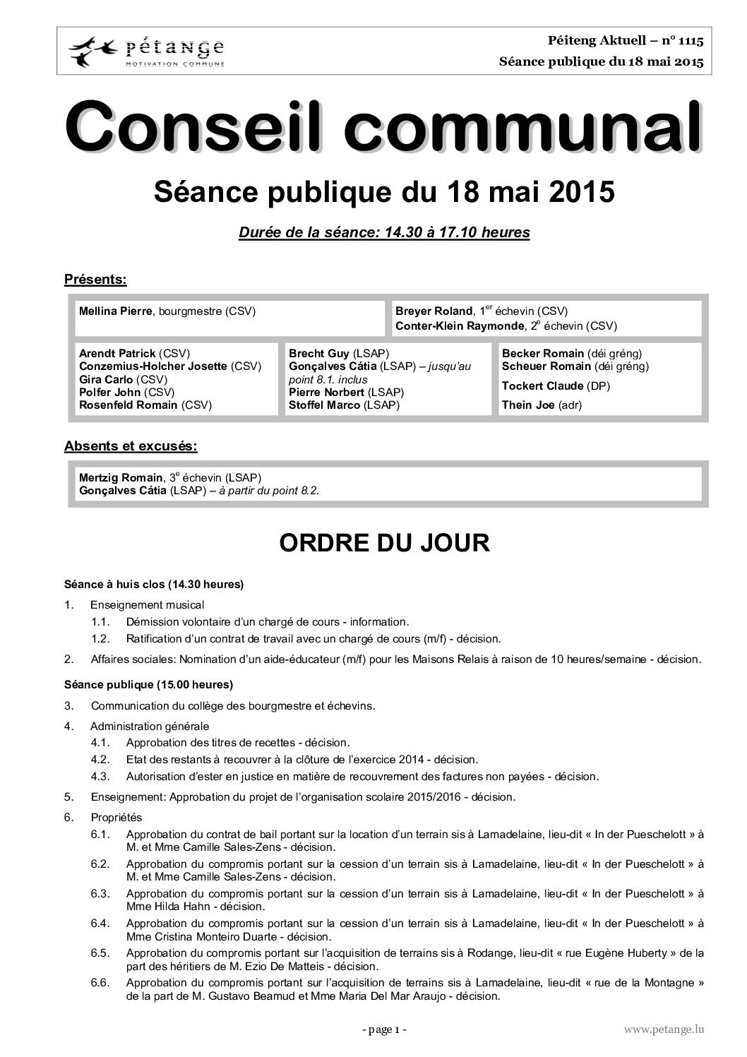 Rapport des séances du conseil communal du 18.05.2015 et 11.06.2015