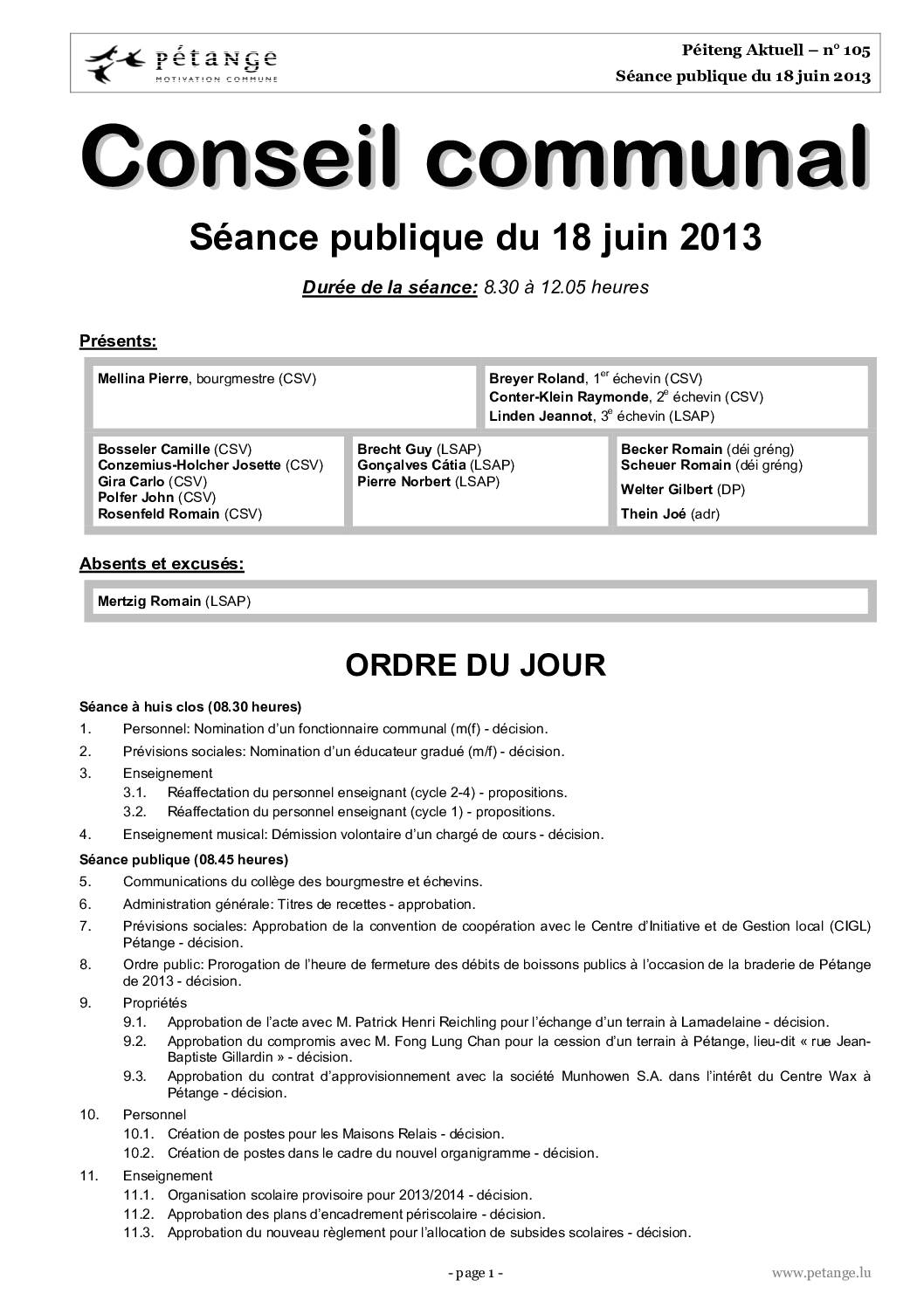 Rapport des séances du conseil communal du 18.06.2013, 15.07.2013 et 20.09.2013