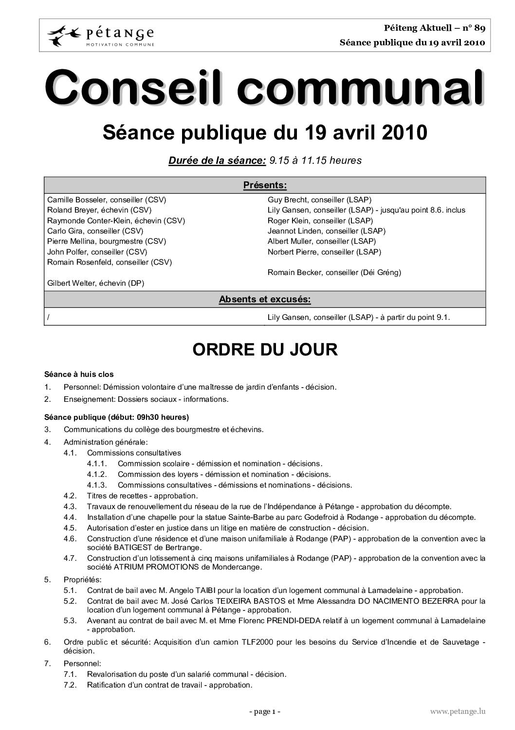 Rapport des séances du conseil communal du 19.04.2010; 17.05.2010 et 21.06.2010
