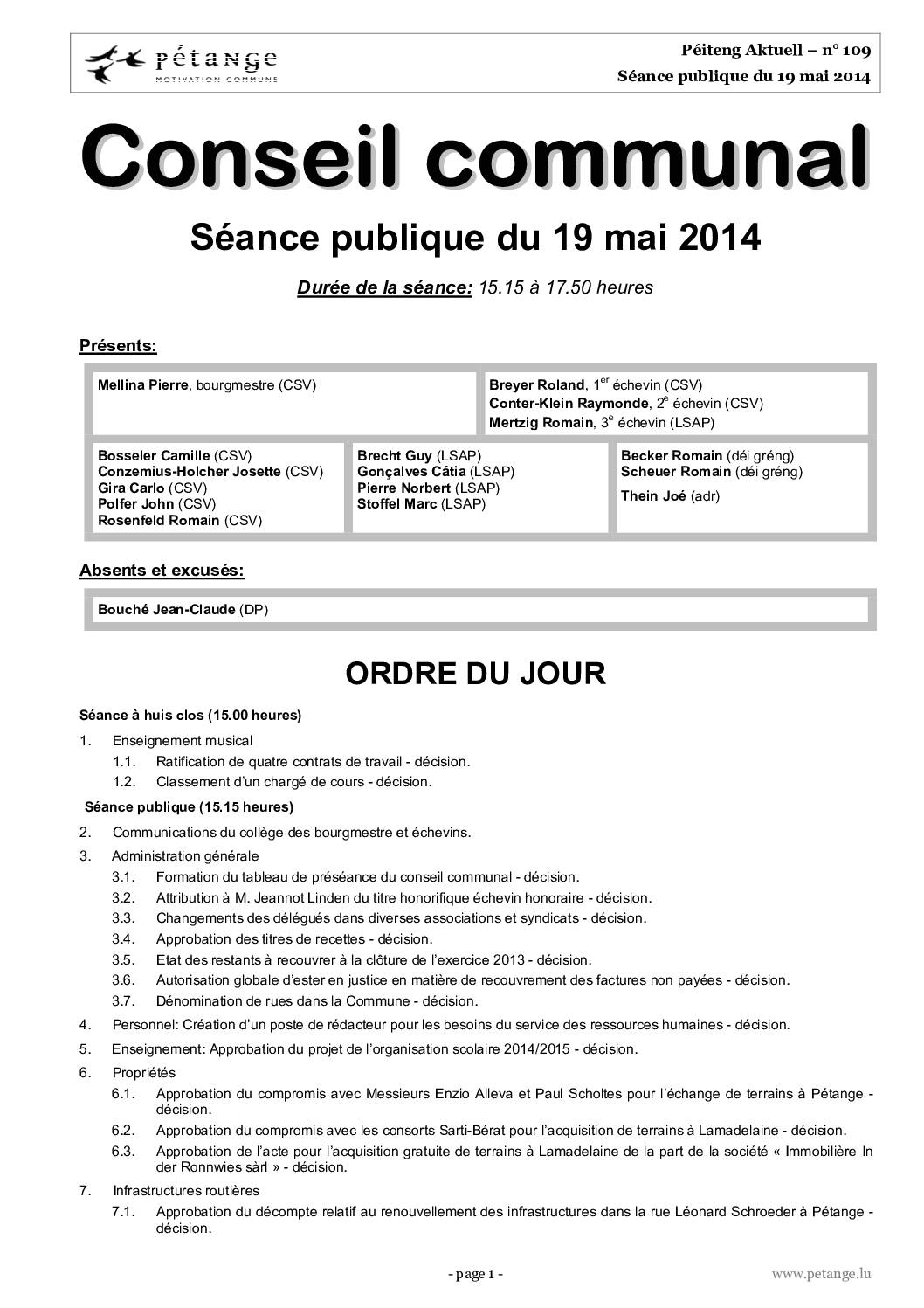 Rapport des séances du conseil communal du 19.05.2014, 16.06.2014 et 14.07.2014