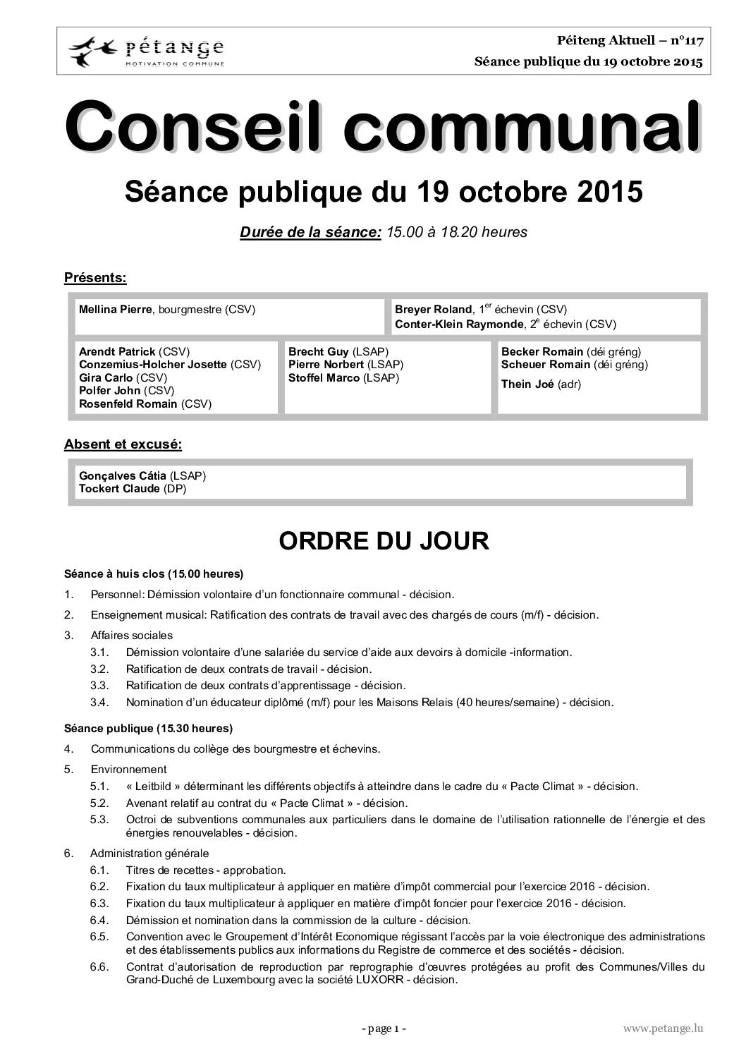 Rapport des séances du conseil communal du 19.10.2015 et 16.11.2015