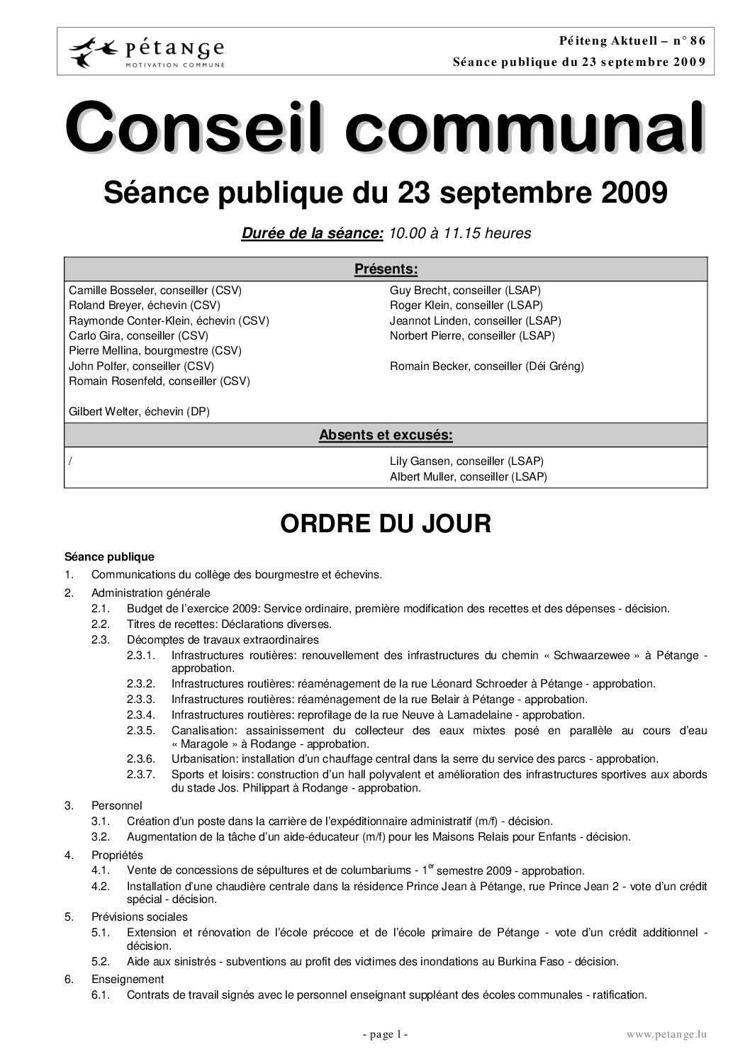 Rapport des séances du conseil communal du 23.09.2009; 20.10.2009 et 09.11.2009