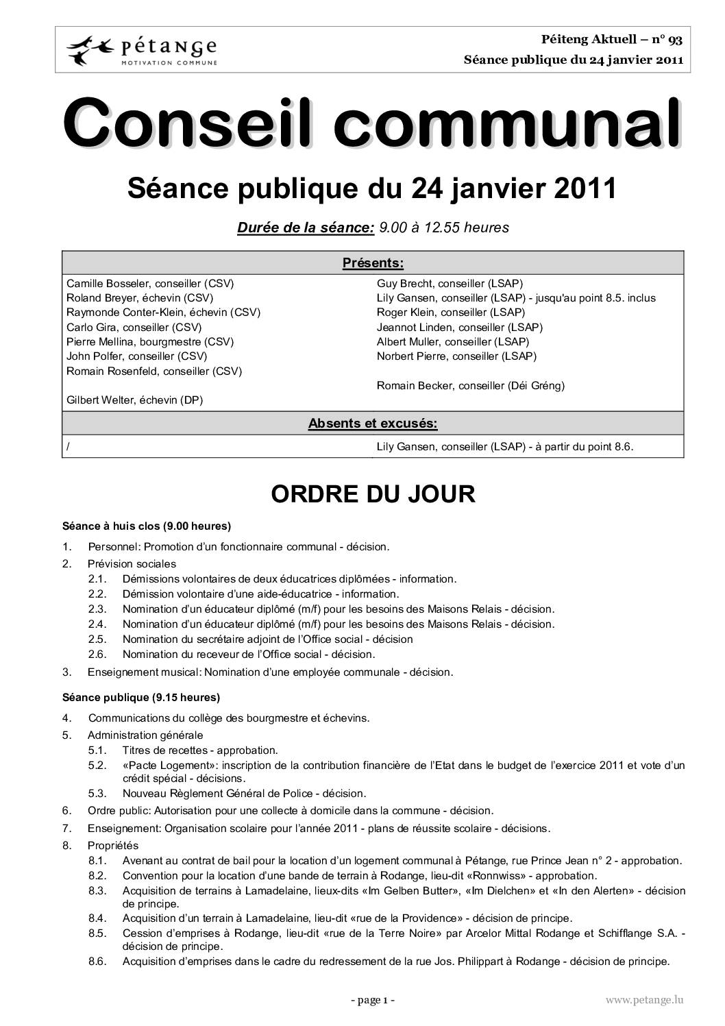 Rapport des séances du conseil communal du 24.01.2011, 21.03.2011 et 04.04.2011