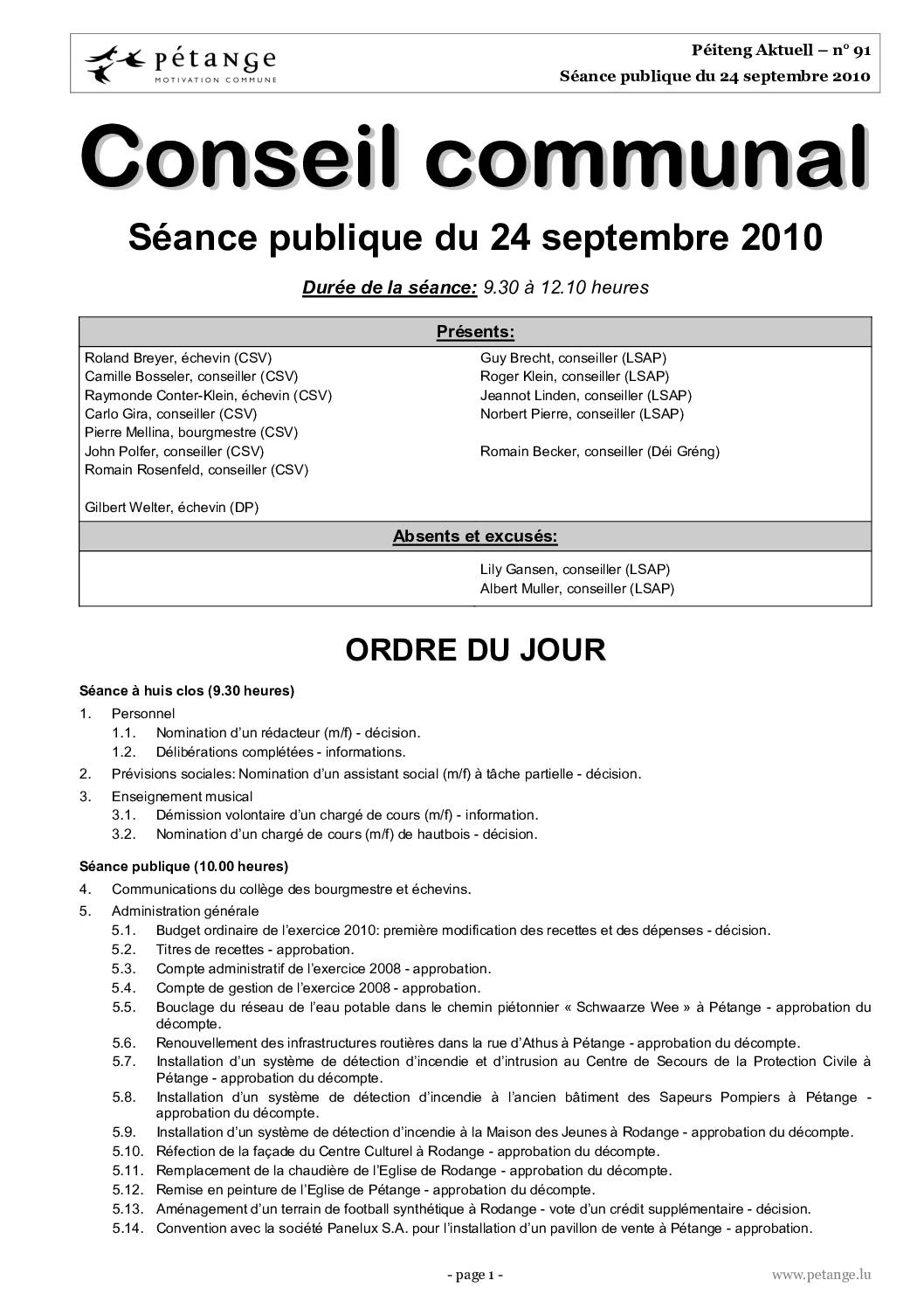 Rapport des séances du conseil communal du 24.09.2010, 25.10.2010 et 15.11.2010