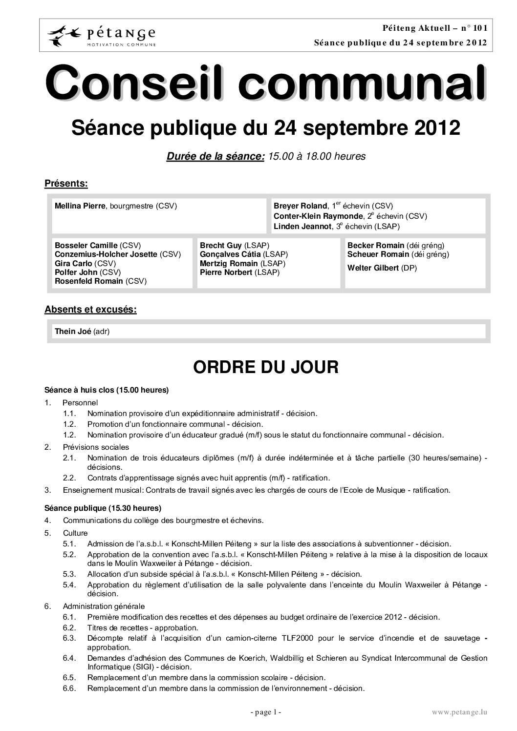Rapport des séances du conseil communal du 24.09.2012, 15.10.2012 et 12.11.2012