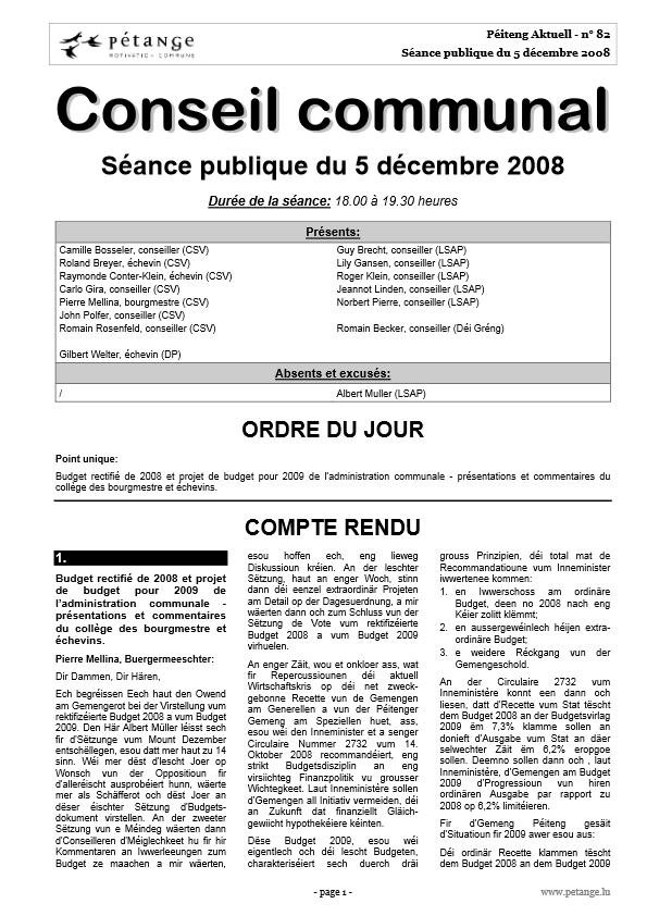 Rapports des séances du conseil communal du 26.01.2009 et 09.03.2009
