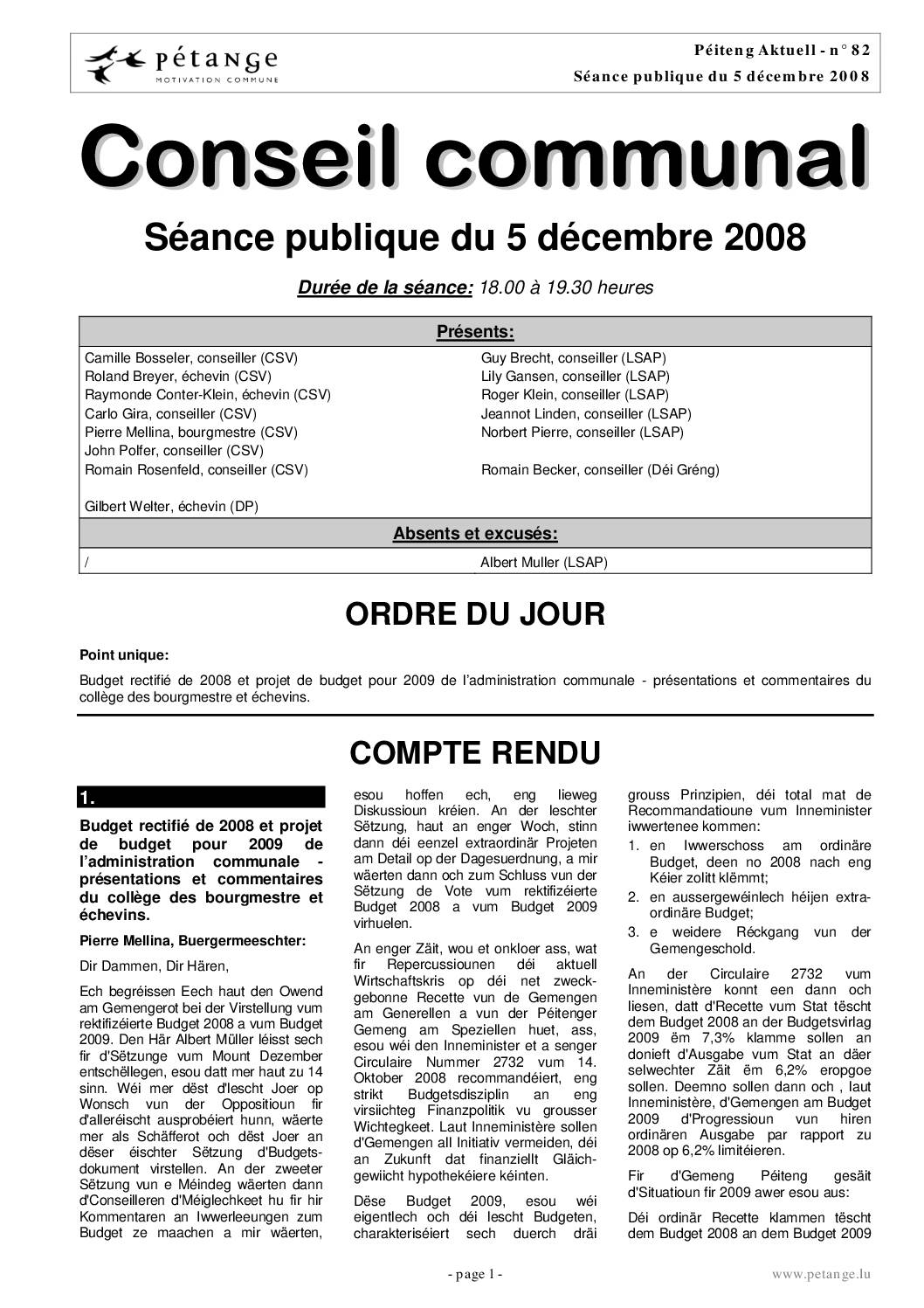 Rapport des séances du conseil communal du 26.01.2009 et 09.03.2009