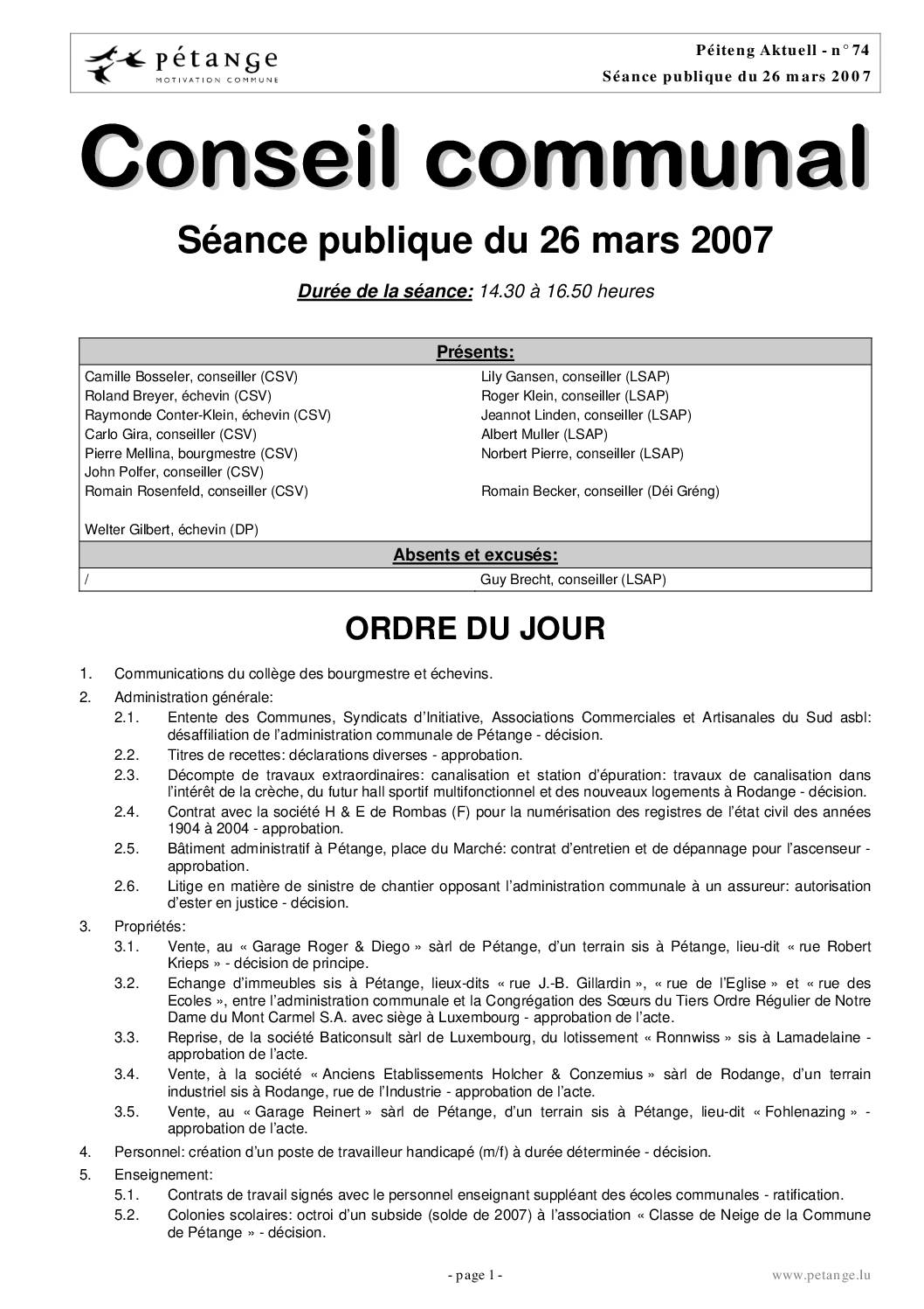 Rapport des séances du conseil communal du 26.03.2007, 30.04.2007 et 21.05.2007