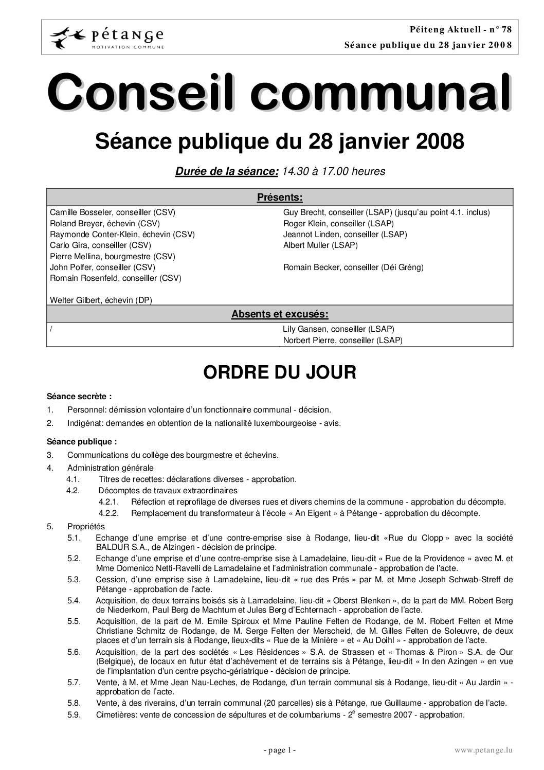 Rapport des séances du conseil communal du 28.01.2008 et 26.02.2008