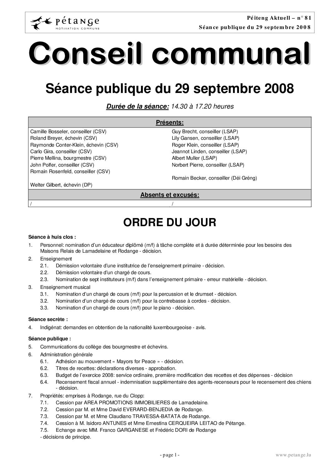 Rapport des séances du conseil communal du 29.09.2008, 27.10.2008 et 17.11.2008