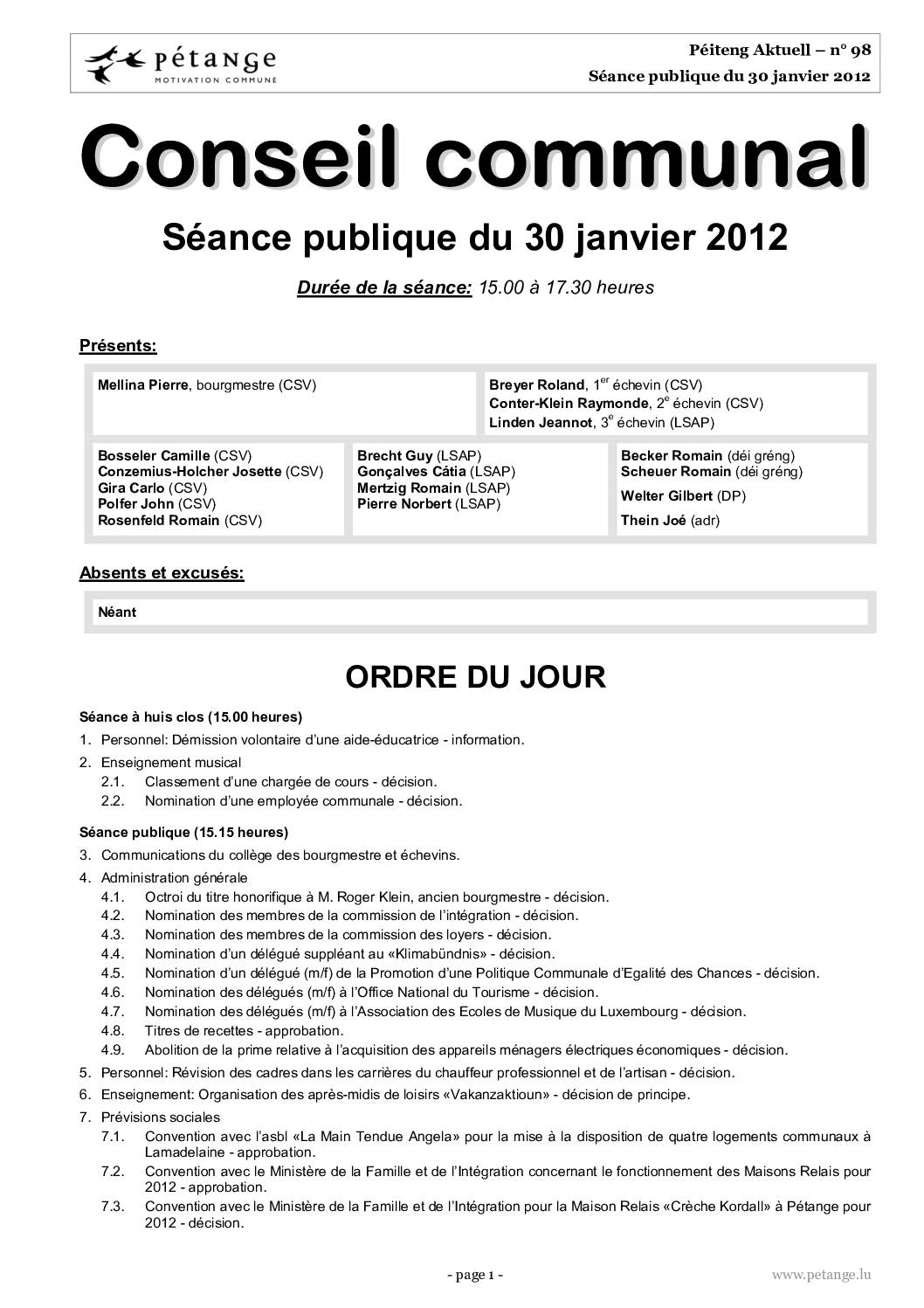 Rapport des séances du conseil communal du 30.01.2012 et 05.03.2012