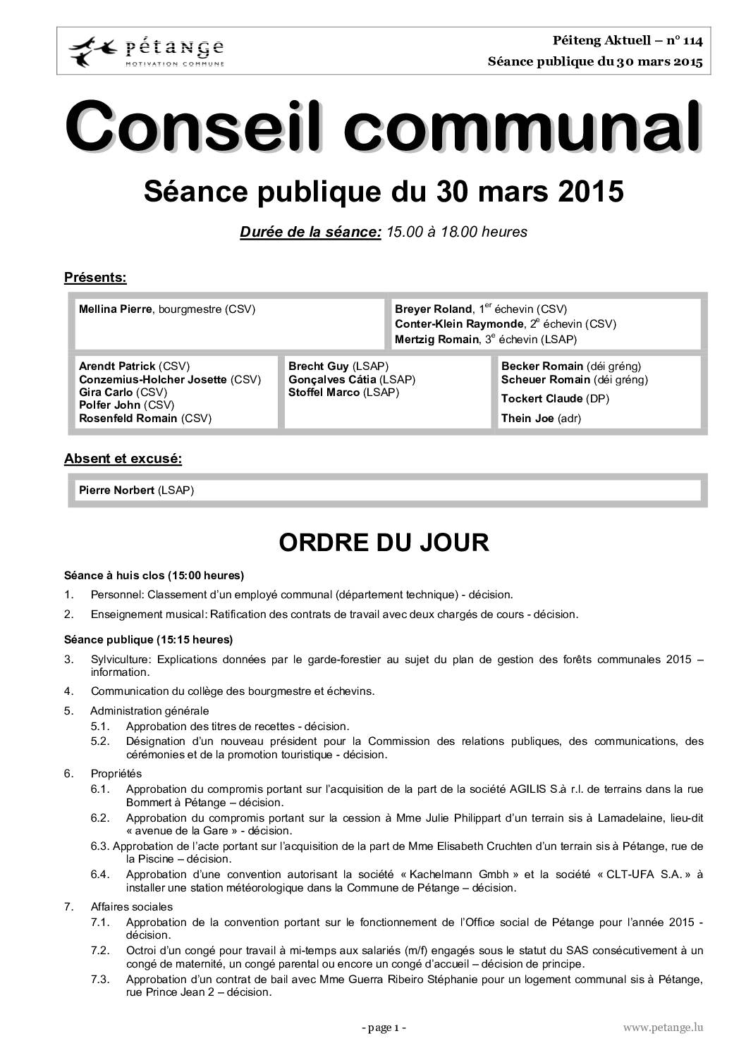 Rapport des séances du conseil communal du 30.03.2015 et 29.04.2015