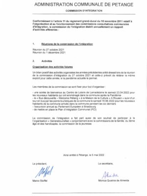 Commission d’intégration de la commune de Pétange – Rapport annuel 2021