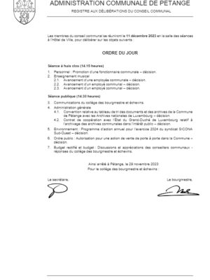 Ordre du jour de la séance du conseil communal du 11.12.2023