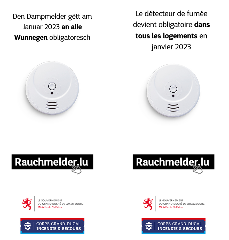 Les détecteurs de fumée deviendront obligatoires dans tous les logements à partir du 01.01.2023! Plus d’informations sur www.rauchmelder.lu