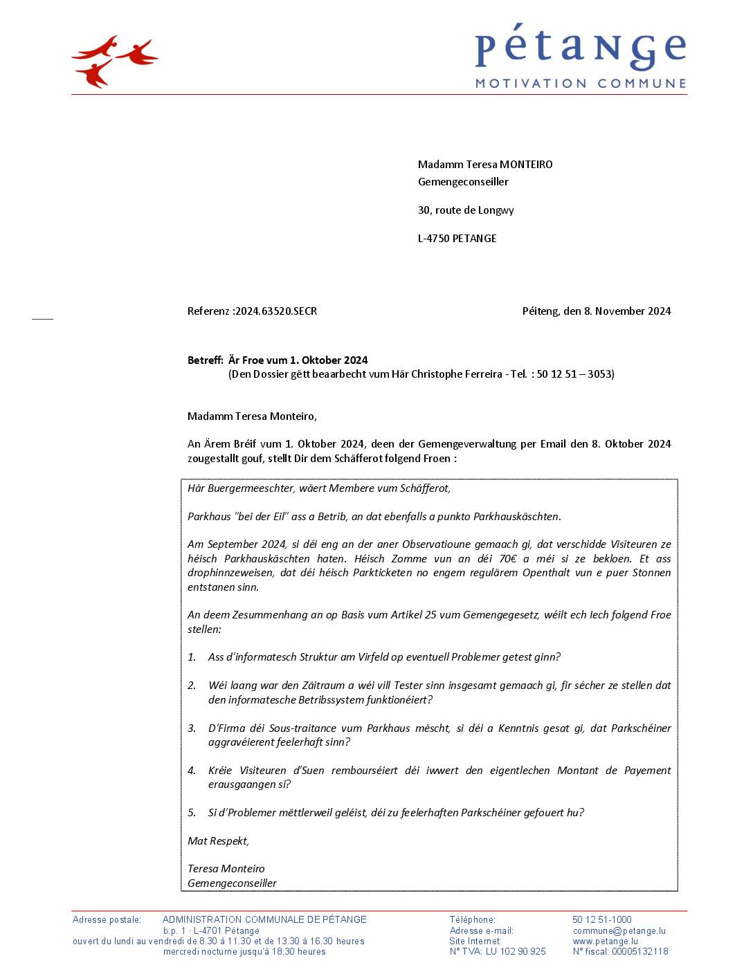 Réponse à la question de Mme. Teresa Monteiro (Piraten) du 1er octobre 2024 – Froen zu den héije Parkingspräisser am Parkhaus 'Bei der Eil'