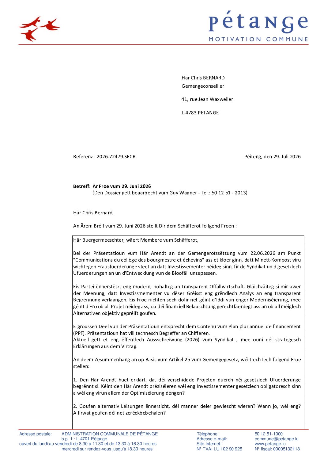 Réponse à la question de M. Chris Bernard (Piraten) du 29 juin 2026 – Froen zur Präsentatioun vum Minettkompost