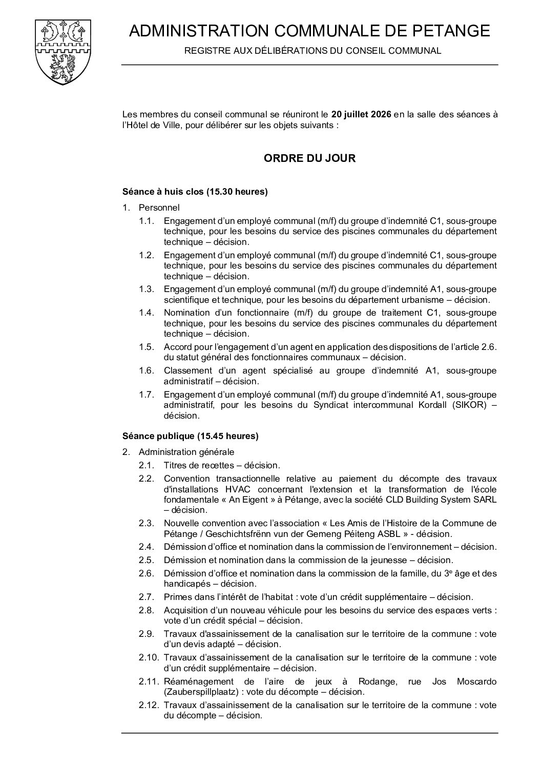Déliberations du conseil communal du 20 juillet 2026