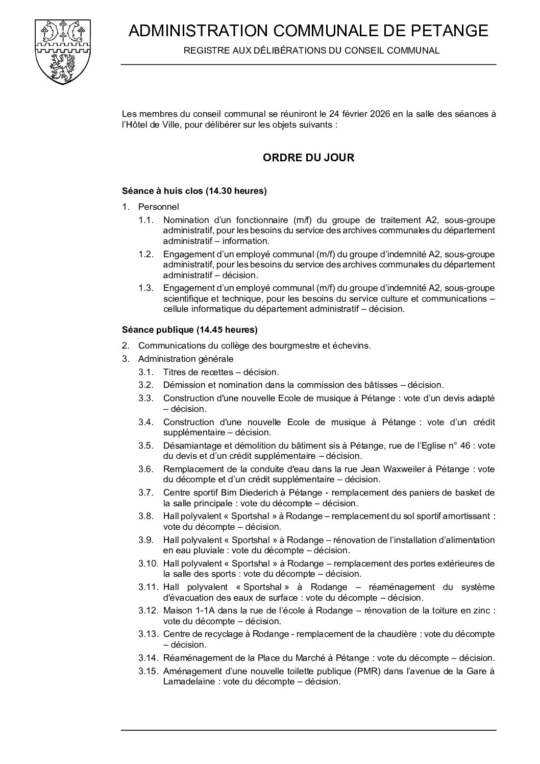Délibérations du conseil communal du 24 février 2026