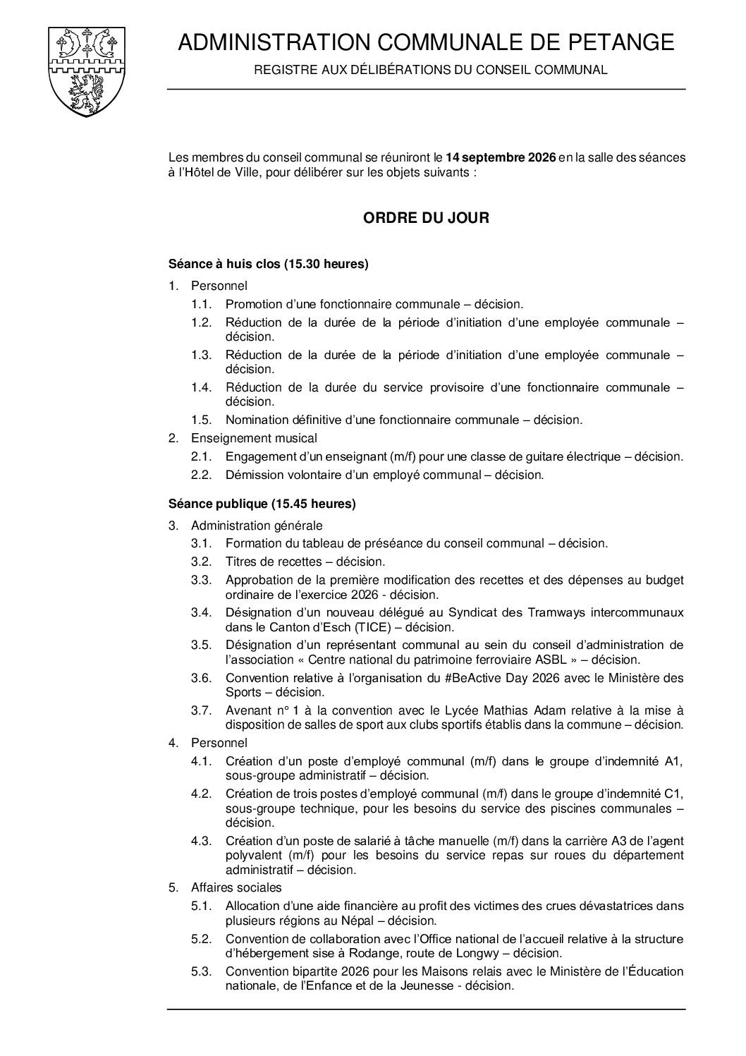 Convocation du conseil communal du 14 septembre 2026