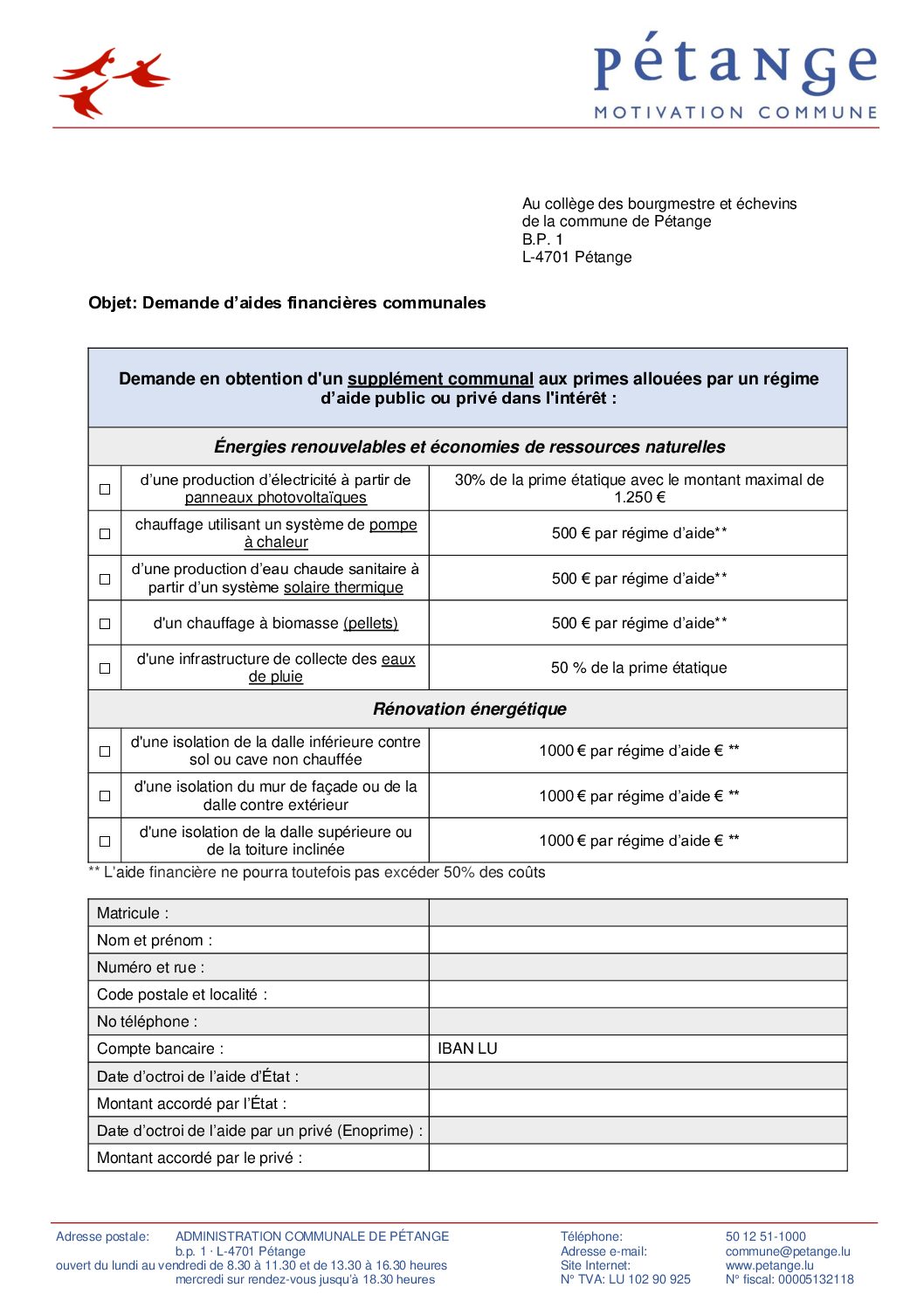 Demande d’aides financières communales pour les rénovations énergétiques et énergies renouvelables