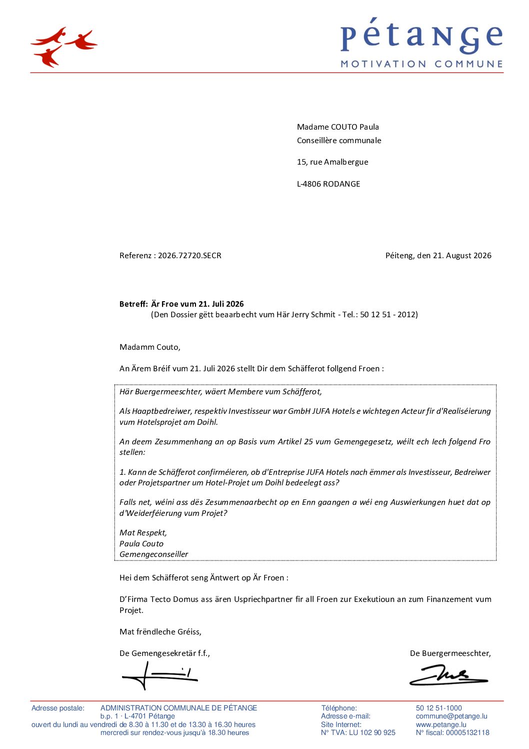Réponse à la question de Mme. Paula Couto (Piraten) du 21 juillet 2026 - Froen iwwert d'Entreprise JUFA Hotels