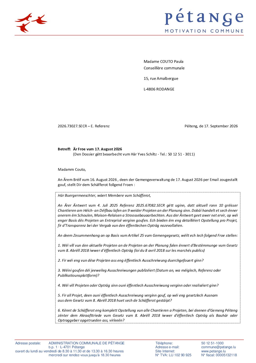 Réponse à la question de Mme. Paula Couto (Piraten) du 17 août 2026 - Froen zur Vergab vun ëffentlechen Opträg an Ausschreiwungen