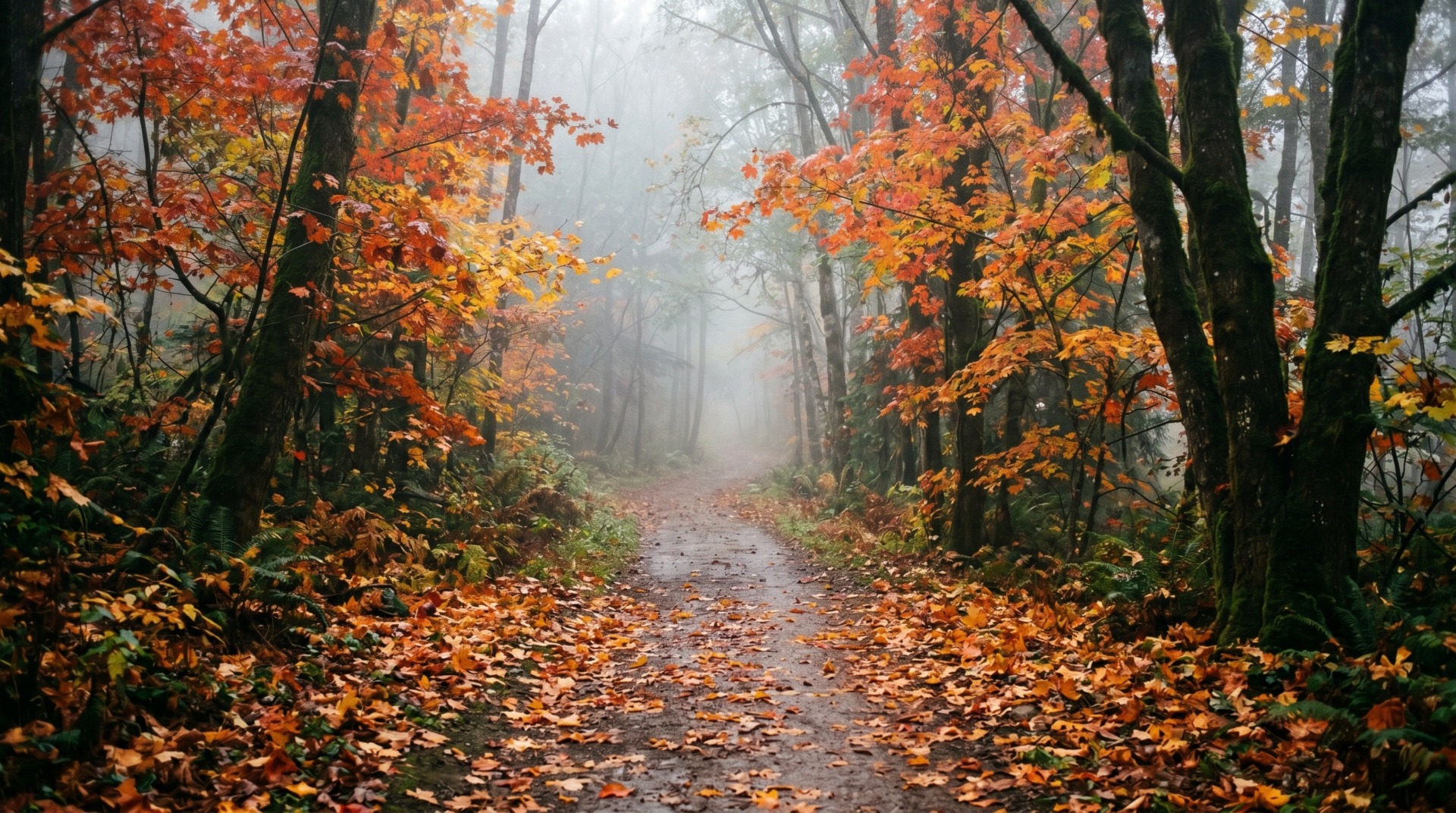 Beautiful path in a foggy autumn forest with golden leaves on the ground during a moody fall morning in the woods Cliquez pour agrandir l'image